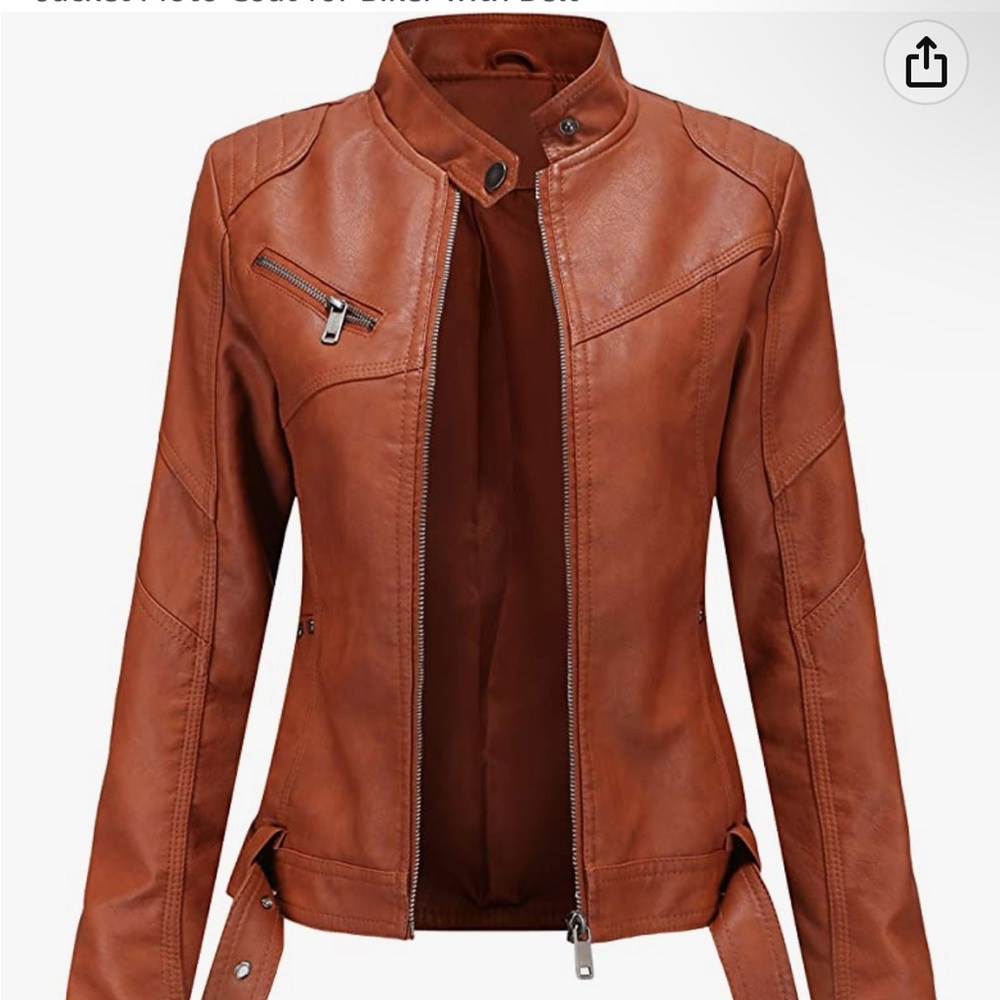 Faux Leather Jacket Women Bomber Jacket Cropped Jacket with Belt (XL)